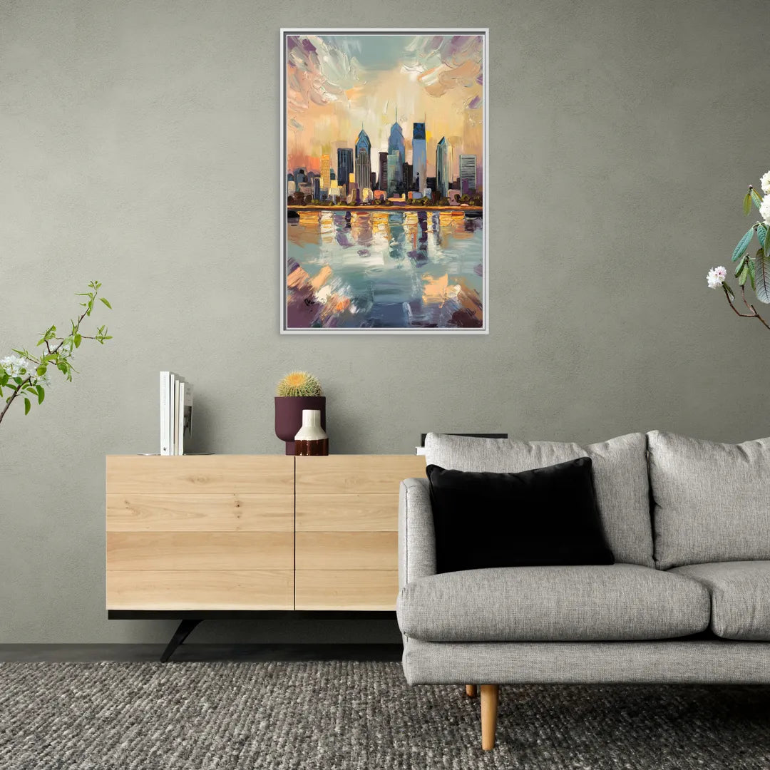 Philadelphia Skyline Reflections - Living Room White Frame Canvas