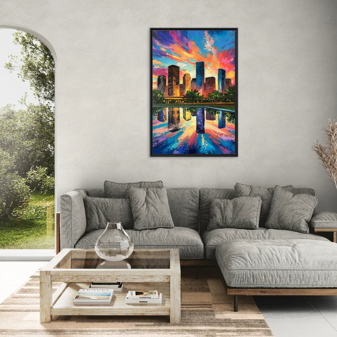 Houston Skyline Reflections - Living Room Black Frame Canvas