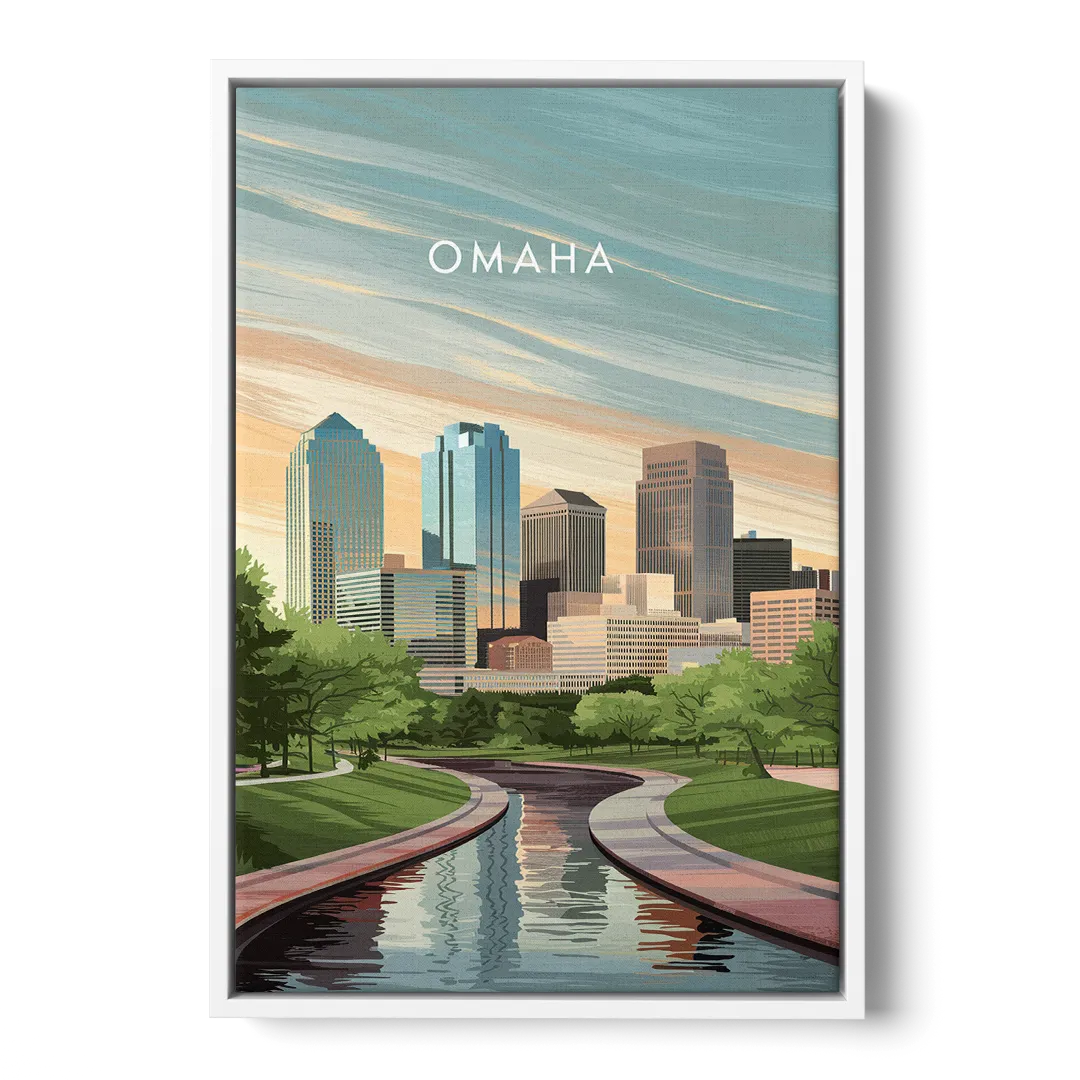 Omaha Downtown View - White Frame Canvas