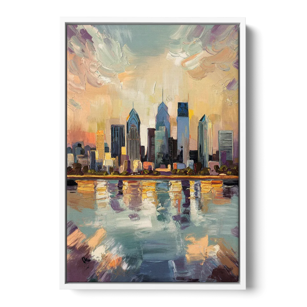 Philadelphia Skyline Reflections - White Frame Canvas