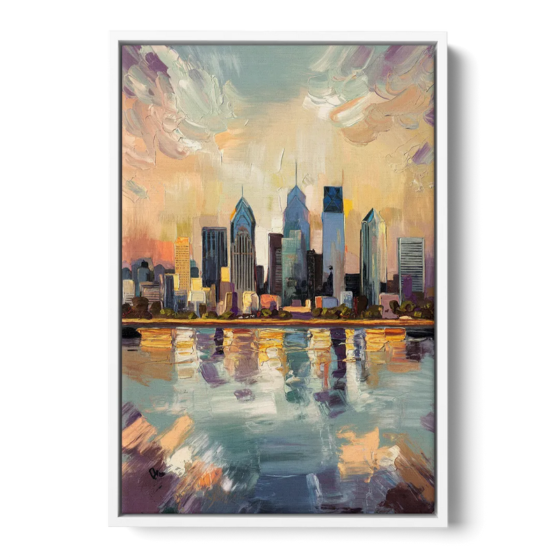 Philadelphia Skyline Reflections - White Frame Canvas