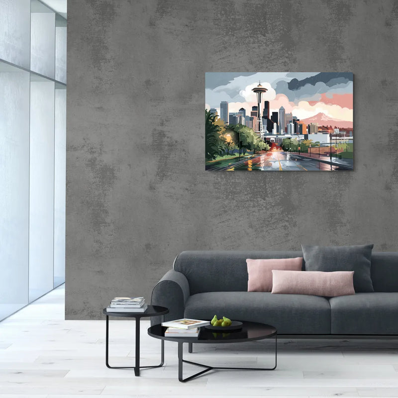 Seattle Rainy Day Skyline - Canvas Wall Art Living Room