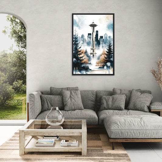 Seattle Space Needle in Fog - Living Room Black Frame Canvas