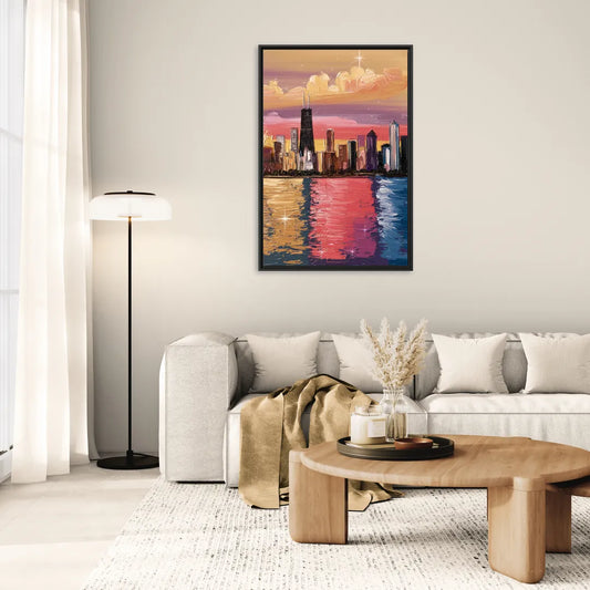Chicago Skyline Reflections - Living Room Black Frame Canvas