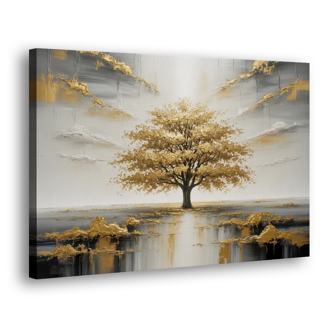Majestic Tree Serenity White and Gold - Canvas Print Art Sides