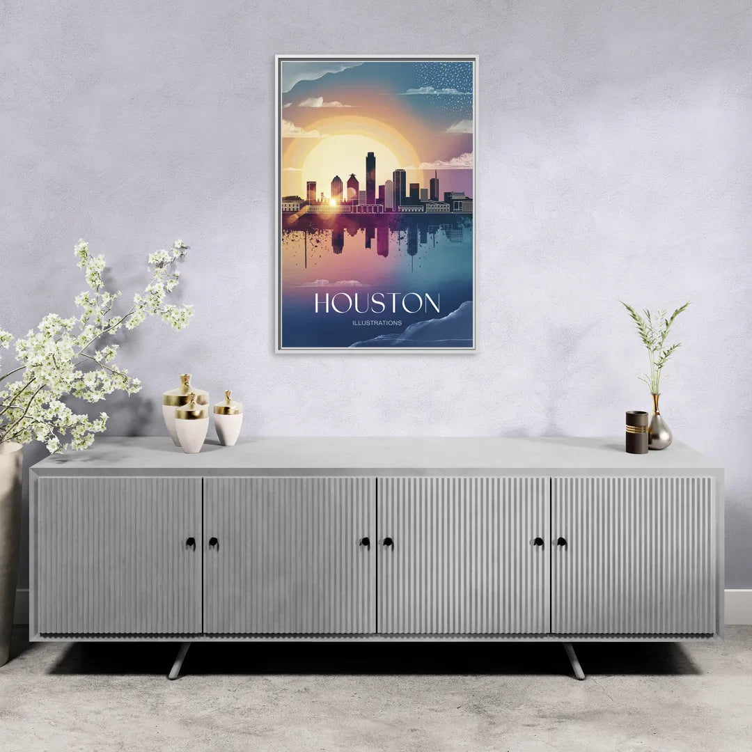 Houston Iconic Landmarks - Living Room White Frame Canvas