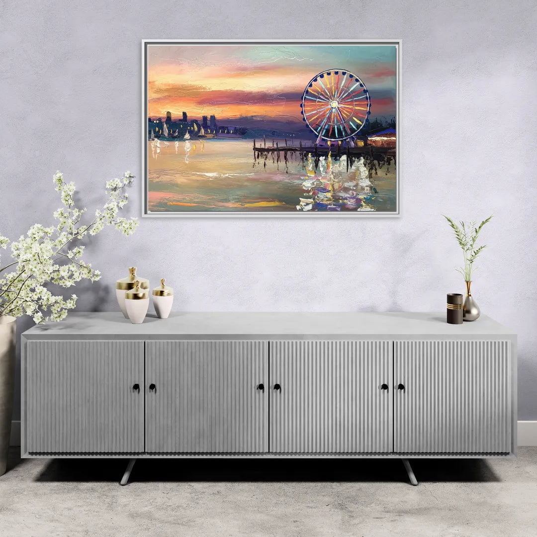 Seattle Harbor With Ferris Wheel - Living Room White Frame Canvas