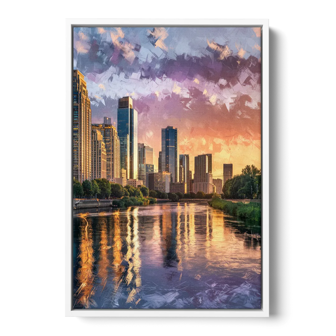 Riverside Modern Cityscape - White Frame Canvas