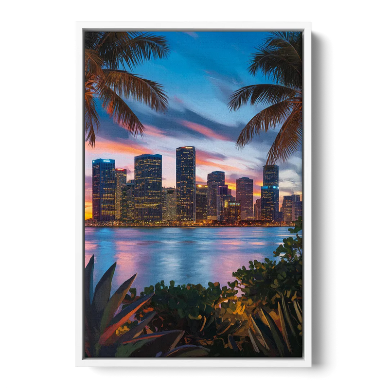 Miami Waterfront Skyline - White Frame Canvas
