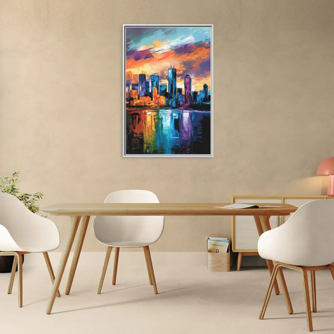 Oklahoma City Skyline with Thunder Colors - Living Room White Frame Canvas