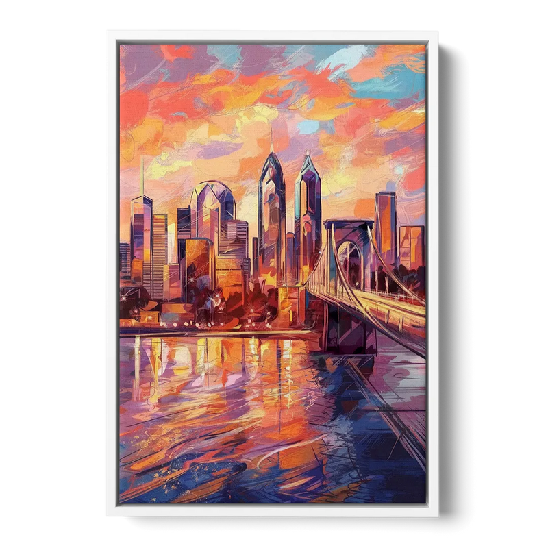 Philadelphia Skyline at Sunset - White Frame Canvas