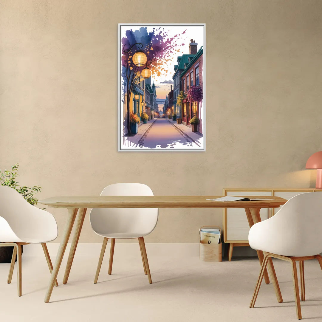 Quebec City Lantern Glow - Living Room White Frame Canvas