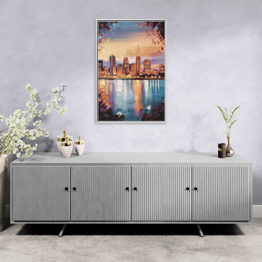 Cleveland Skyline Reflection - Living Room White Frame Canvas
