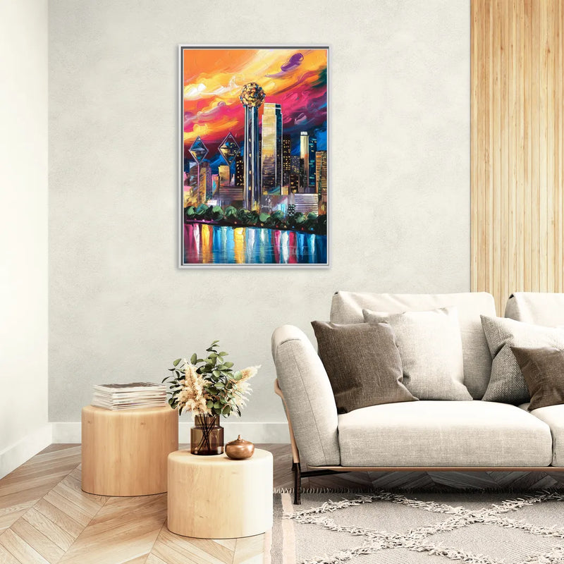 Dallas Skyline at Sunset - Living Room White Frame Canvas