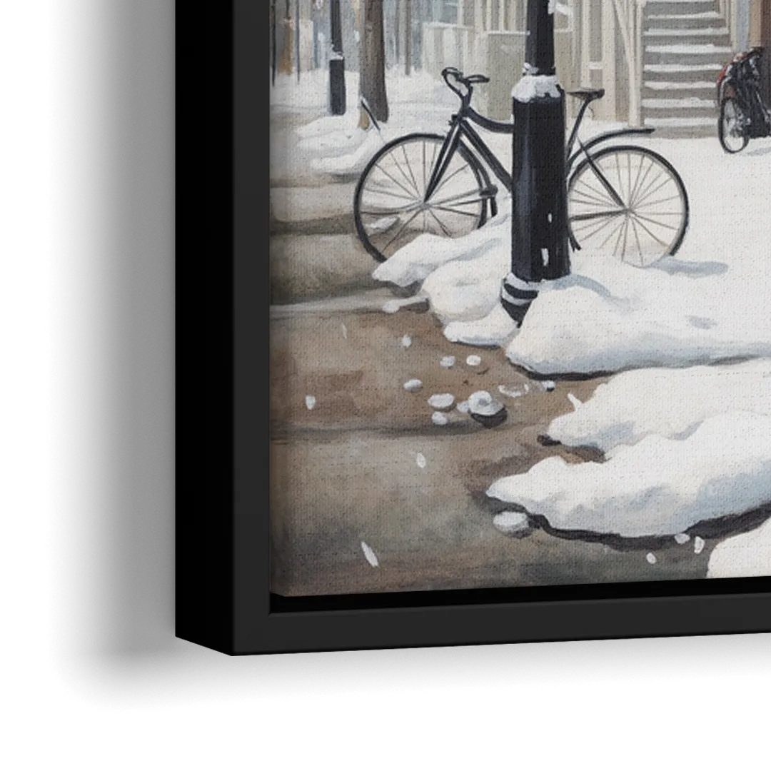Montreal Snowy Streets - Close-Up Black Frame Canvas