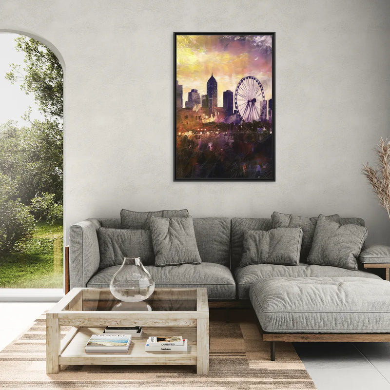 Atlanta Skyline with Ferris Wheel - Living Room Black Frame Canvas