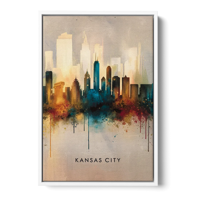 Kansas City Artistic Skyline - White Frame Canvas