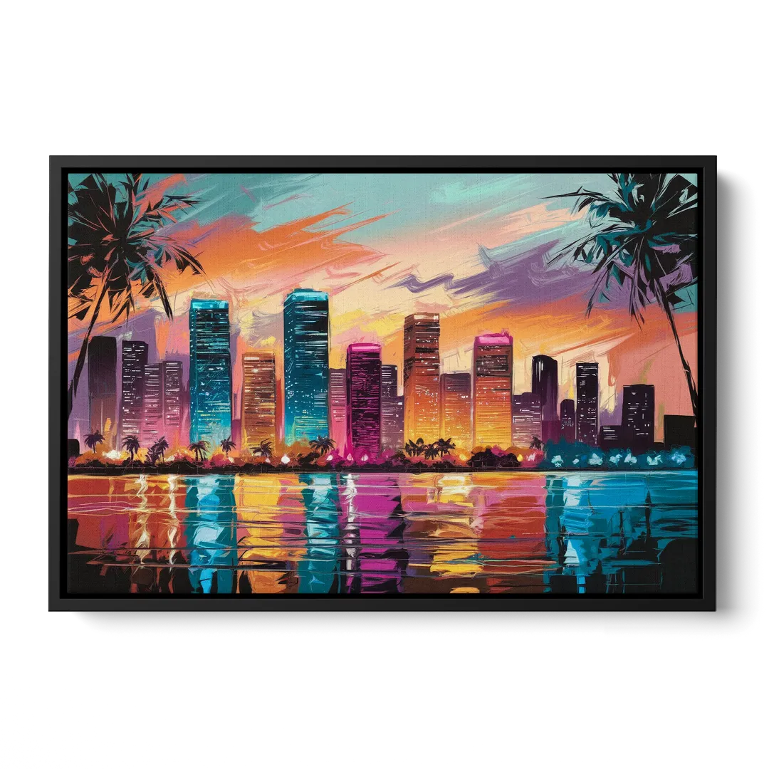 Miami Urban Sunset Glow - Black Frame Canvas
