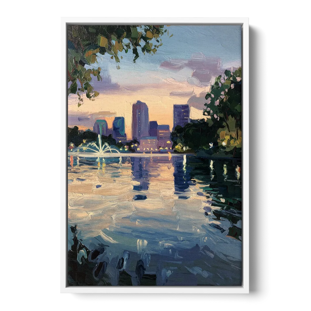 Orlando Lake Eola Reflection - White Frame Canvas