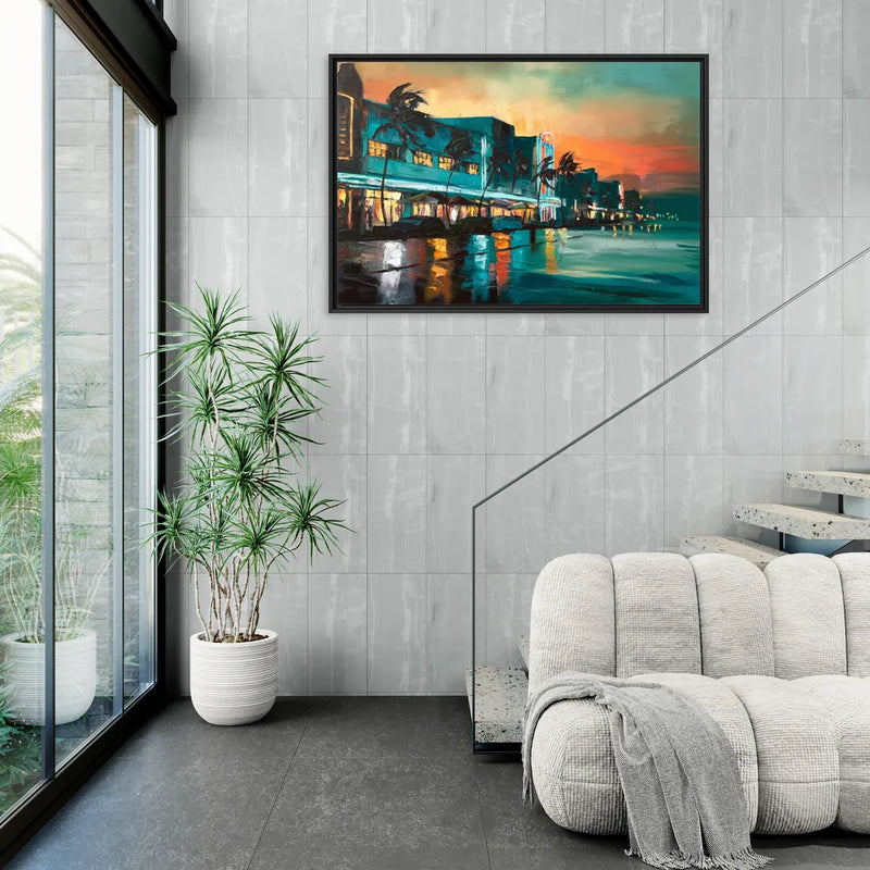 Miami Ocean Drive Lights - Living Room Black Frame Canvas