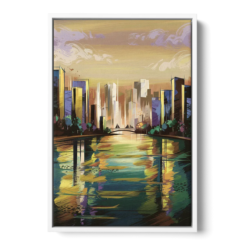 Riverside Downtown Skyline - White Frame Canvas