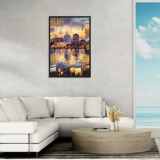 Providence Cityscape Reflection - Living Room Black Frame Canvas
