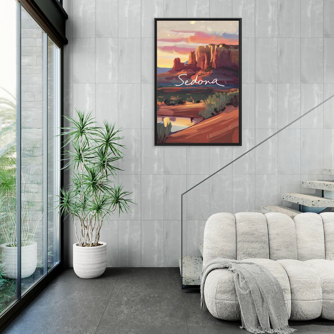 Sedona Red Rock Sunset - Living Room Black Frame Canvas