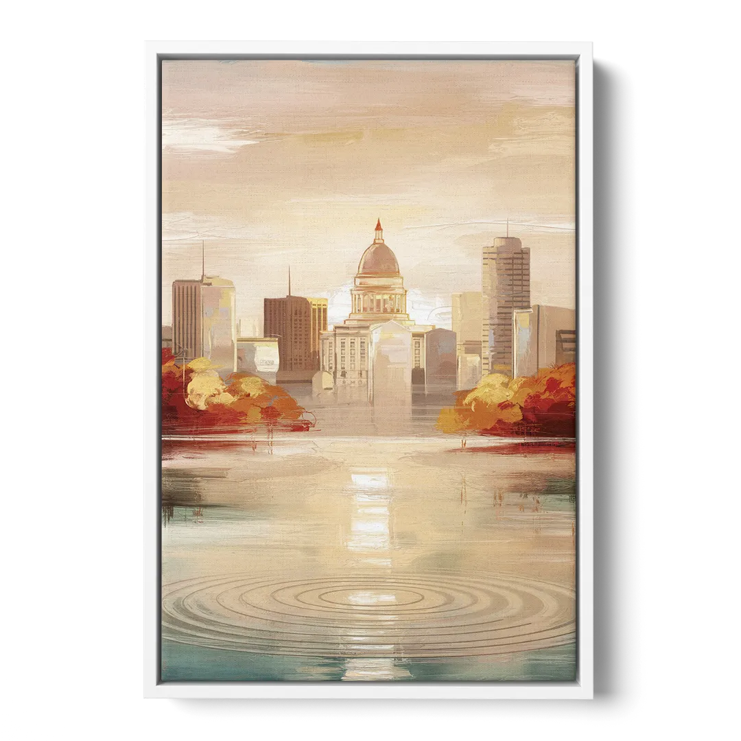 Madison Sunrise Over Downtown - White Frame Canvas