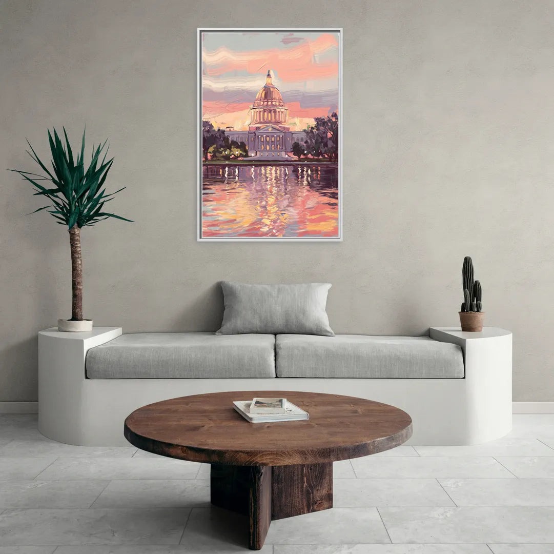 Madison Sunset Over Capitol - Living Room White Frame Canvas