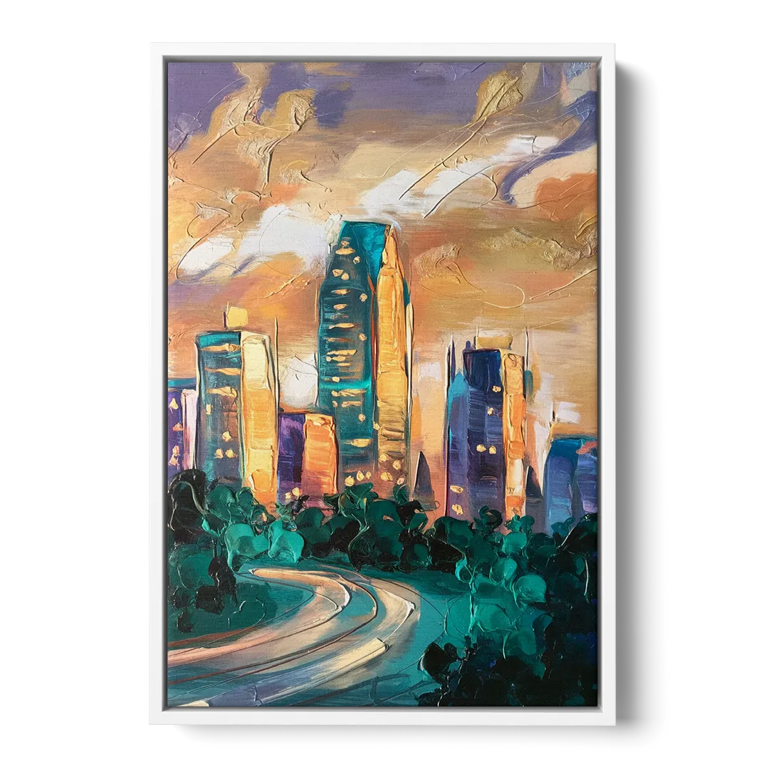 Raleigh Contemporary Cityscape - White Frame Canvas