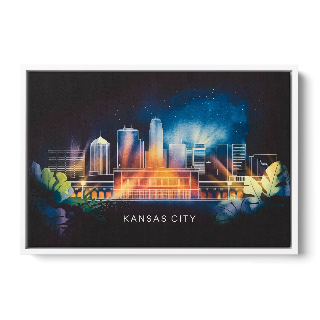 Kansas City Vibrant Downtown - White Frame Canvas