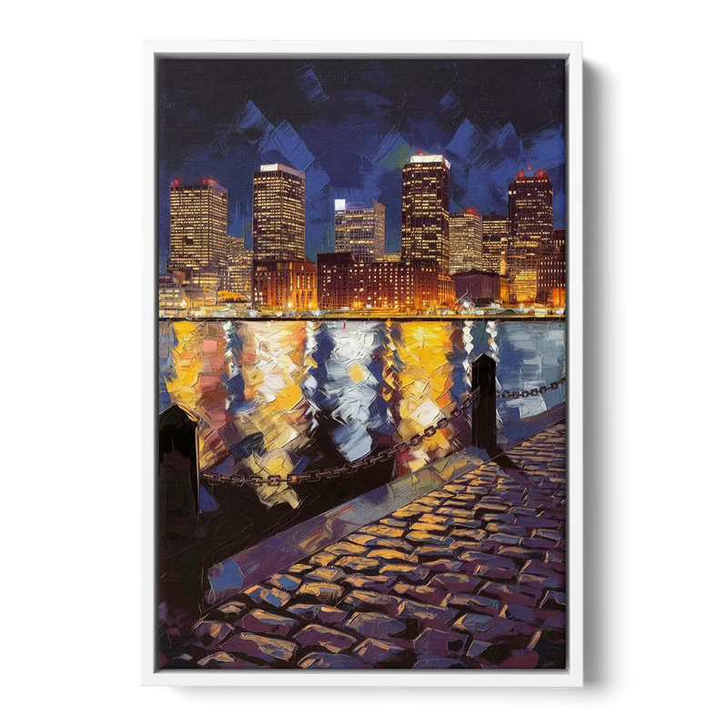 Boston Downtown Night Lights - White Frame Canvas