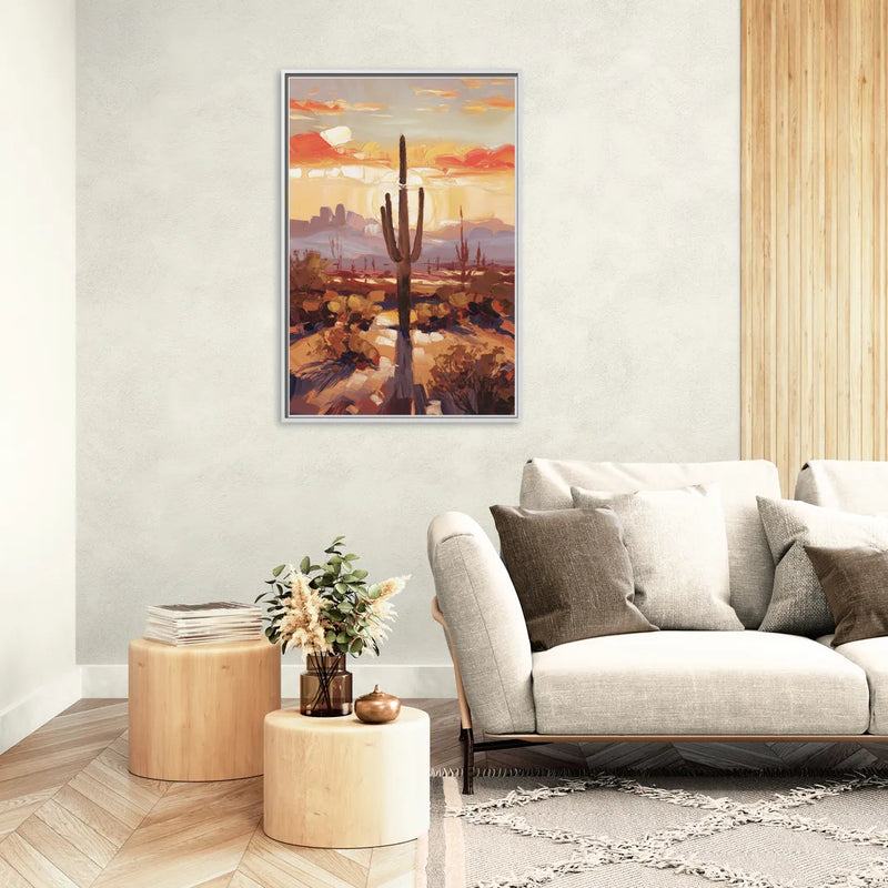 Phoenix Cactus Silhouette - Living Room White Frame Canvas