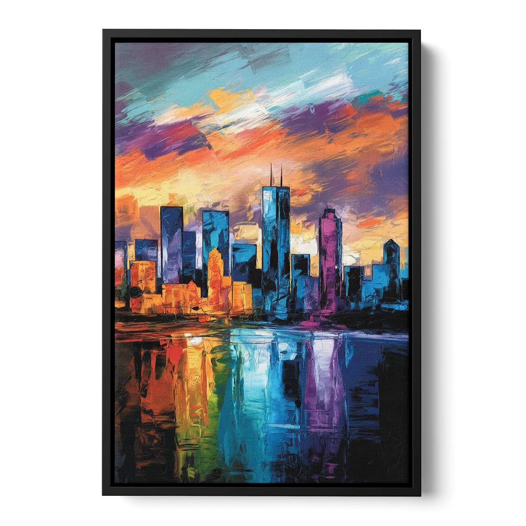 Oklahoma City Skyline with Thunder Colors - Black Frame Canvas