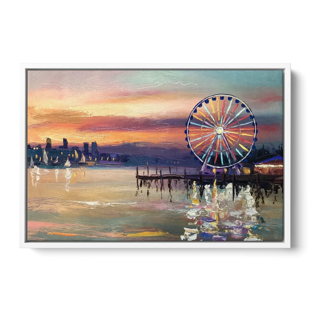 Seattle Harbor With Ferris Wheel - White Frame Canvas