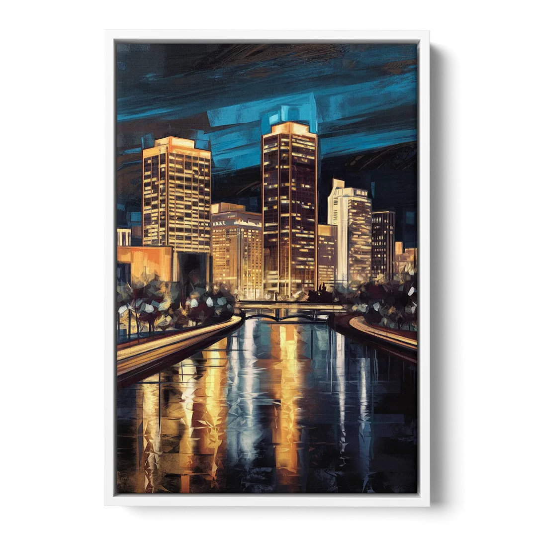 Oklahoma City Night Lights - White Frame Canvas