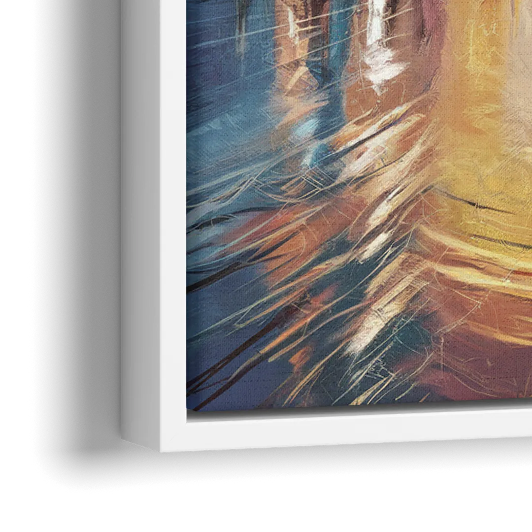 Riverside Sunset Over the City - Close-Up White Frame Canvas