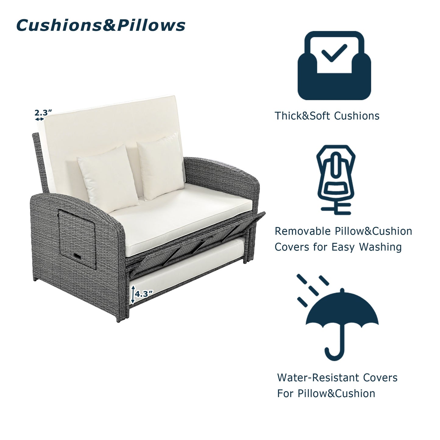 Elegant PE Wicker Double Chaise Lounge - 2-Person Patio Daybed with Recliner