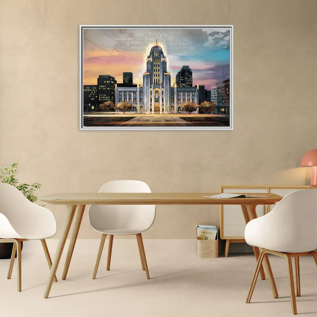 Buffalo City Hall Iconic View - Living Room White Frame Canvas