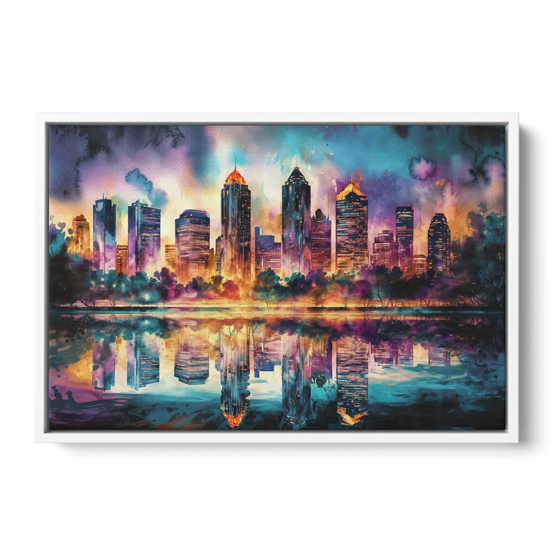 Atlanta Skyline With Reflection - White Frame Canvas