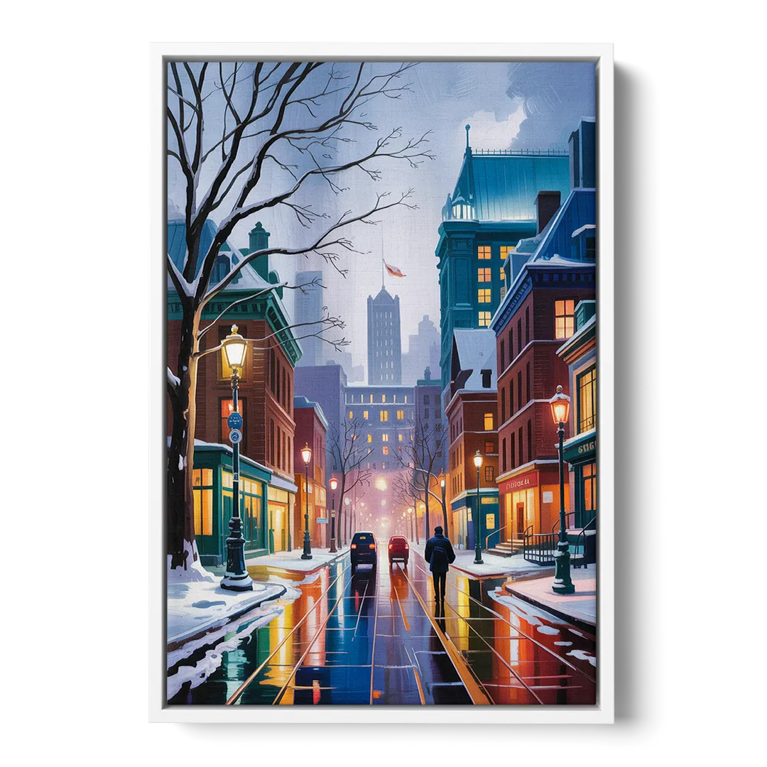 Montreal City in Winter - White Frame Canvas