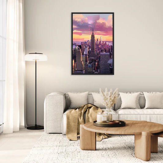 New York City Sunset Over Skyline - Living Room Black Frame Canvas