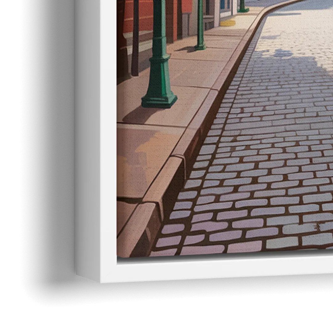Quebec City Cobblestone Road - Close-Up White Frame Canvas