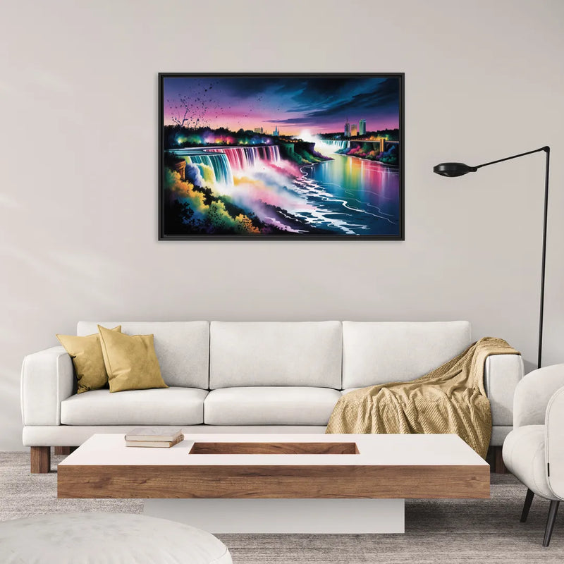 Niagara Falls at Night - Living Room Black Frame Canvas