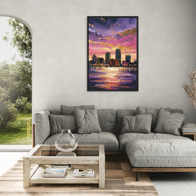 Mobile Skyline Sunset - Living Room Black Frame Canvas