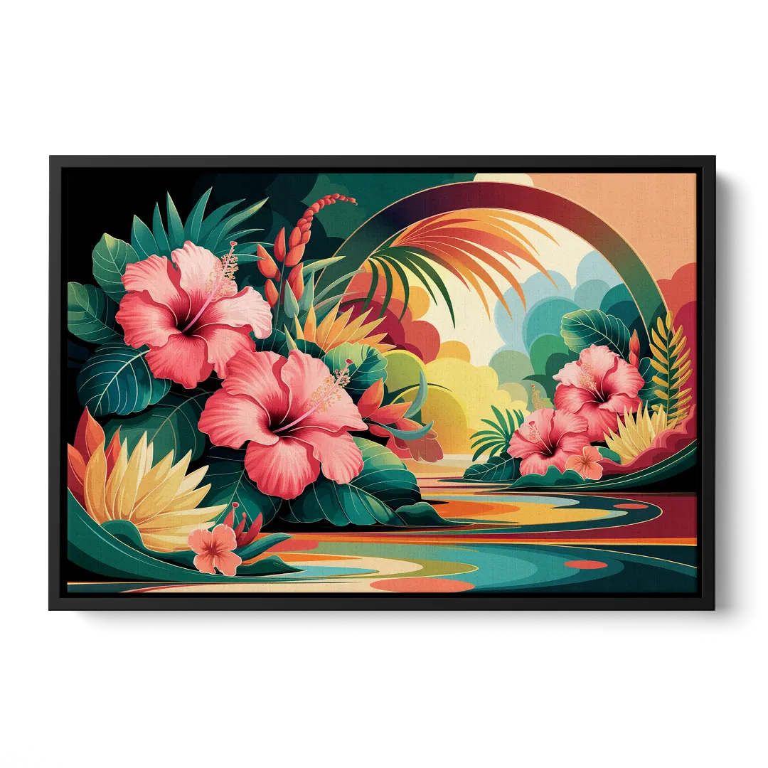 Honolulu Hawaiian Floral Design - Black Frame Canvas