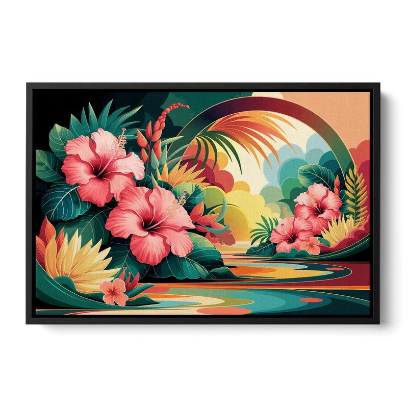 Honolulu Hawaiian Floral Design - Black Frame Canvas