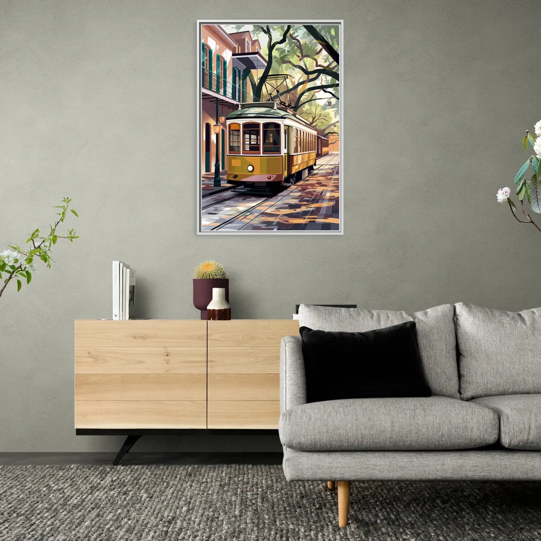 New Orleans Historic Streetcars - Living Room White Frame Canvas