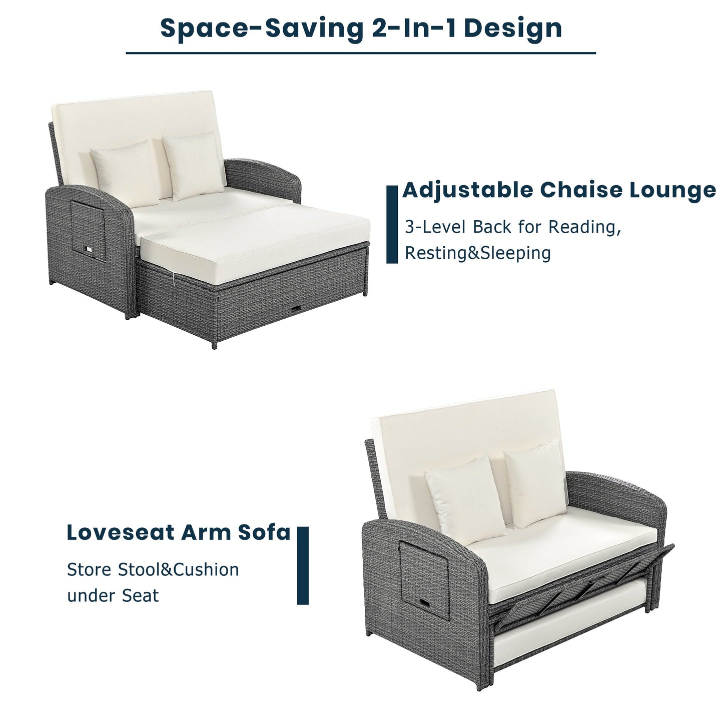 Elegant PE Wicker Double Chaise Lounge - 2-Person Patio Daybed with Recliner