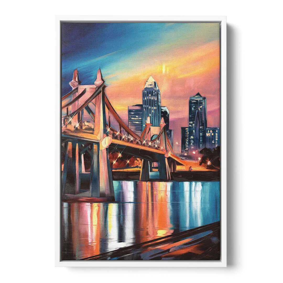 Cincinnati Skyline and Historic Bridges - White Frame Canvas